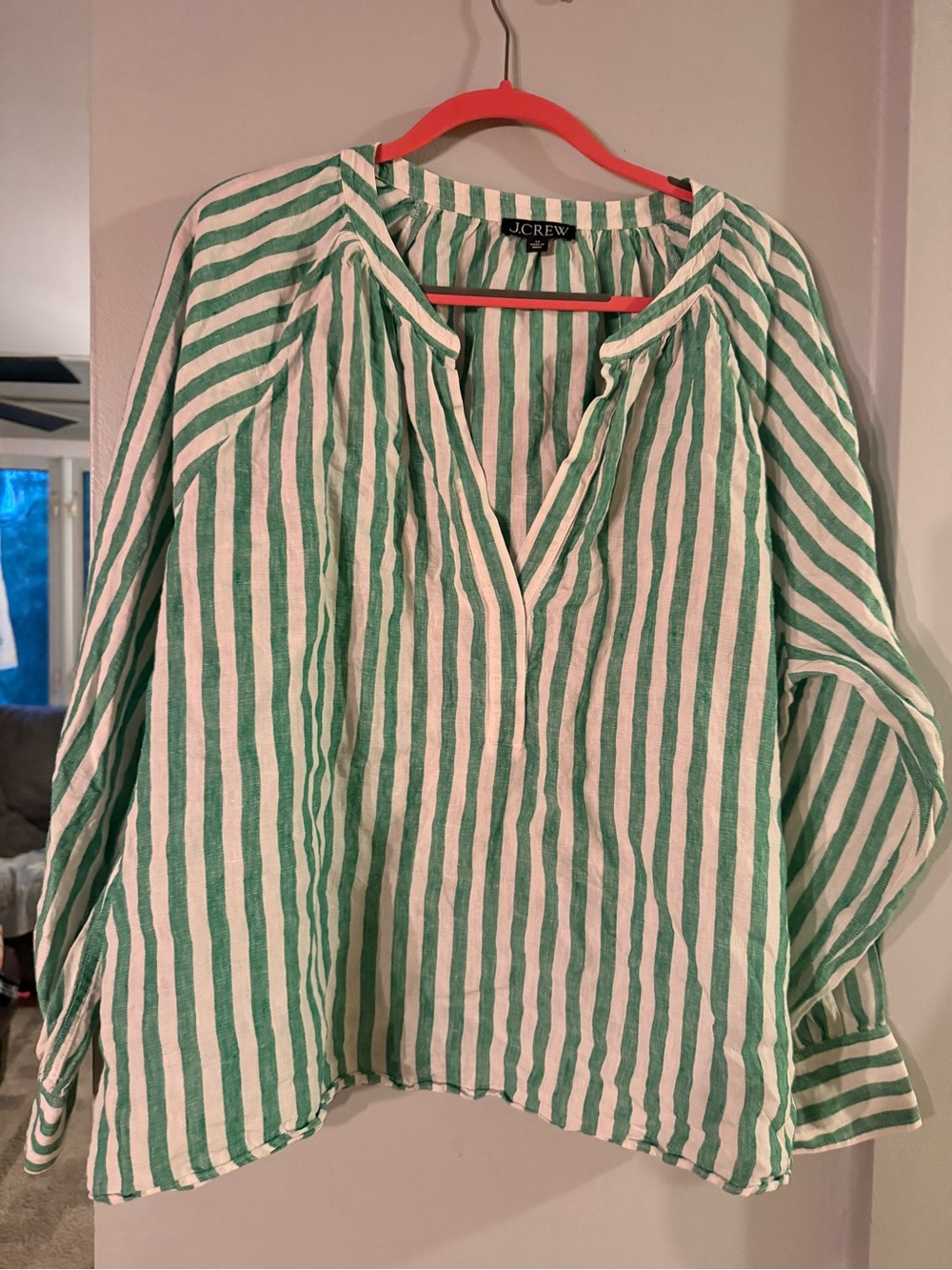 J. Crew Green & White Vertical-Stripe Peasant Blouse
